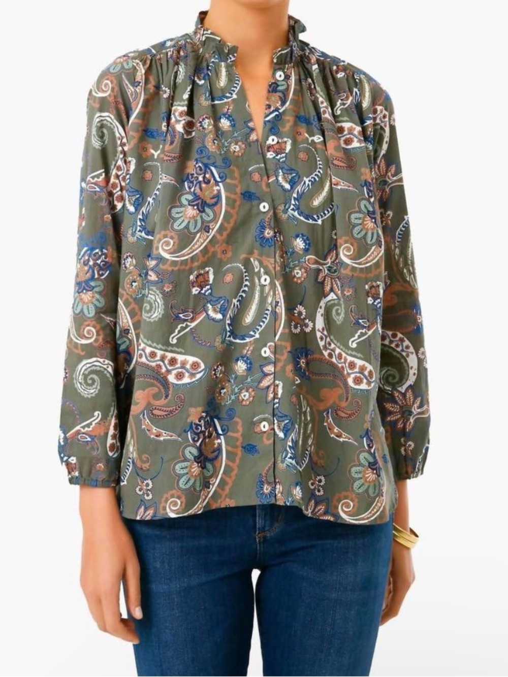 Mille XL Francesca High Neck Top La Marais Green Floral Relaxed Boho Paisley